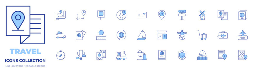 Travel icons collection. Line Duotone style, editable stroke. compass, duty free, gate, passport, yatch, car, hot air balloon, sunrise, train, travel guide, worldwide