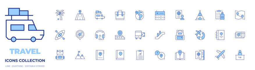 Travel icons collection. Line Duotone style, editable stroke. bus ticket, chat, check list, escalator, backpack, canoe, flight, headset, hiking, train, travel guide