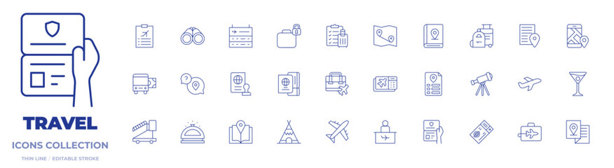 Travel icons collection. Thin Line icons, editable stroke. binoculars, bus ticket, chat, check list, information, passport, storage, travel, business trip