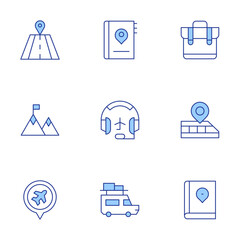 Travel icons set. Line Duotone style, editable stroke. flight, headset, hiking, road, suitcase, train, travel, travel guide