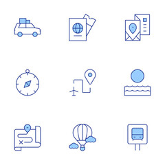 Travel icons set. Line Duotone style, editable stroke. compass, route, car, hot air balloon, passport, sign, sunrise, travel guide