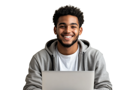 Smiling young man with beard working on laptop isolated on white or transparent, PNG