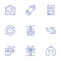 Travel icons set. Thin Line style, editable stroke. all inclusive, cable car, coconut tree, flight, helicopter, neck pillow, suitcase, time travel, travel