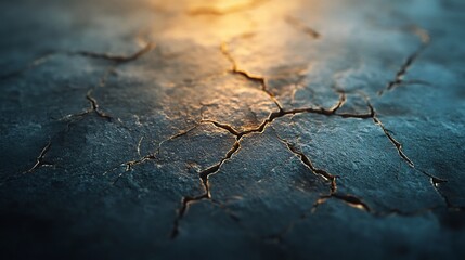 Obraz premium Dark teal cracked surface glows warmly underneath golden light. AI Generated