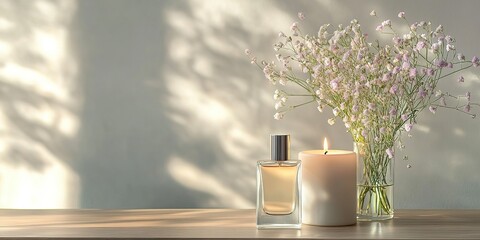 A minimalist perfume bottle with a modern geometric design placed on a wooden table next to a candle and a small vase of fresh flowers soft natural lighting 