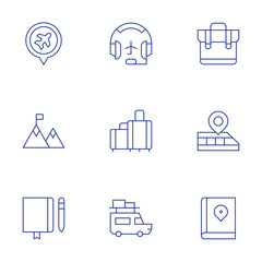 Travel icons set. Thin Line style, editable stroke. flight, headset, hiking, luggage, notebook, suitcase, train, travel, travel guide
