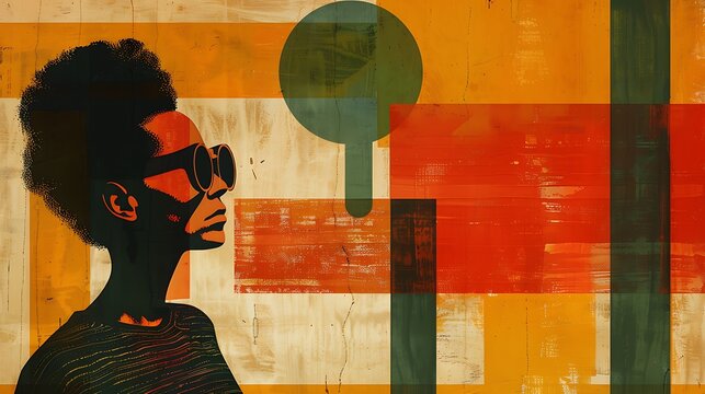 Glowing digital artwork of a confident short haired woman with striped sunglasses refracting vivid neon lights immersive abstract modern energy acid yellow backdrop