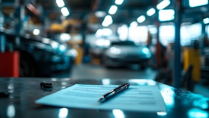 Documents and pen on table in auto repair shop