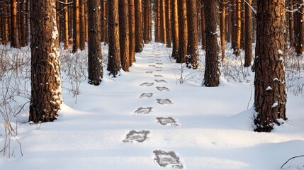 Tranquil Winter Pathway with Snowy Footprints Amidst Tall Pine Trees in a Scenic Forest Landscape