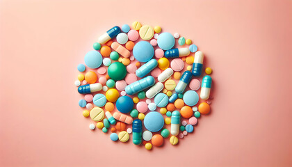 Obraz premium Medical A high-angle view of a vibrant mix of colorful pills and capsules scattered on a soft pink backgroun4