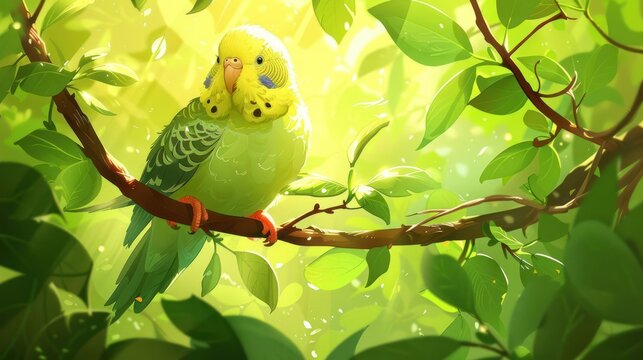 A vibrant green budgerigar perched on a branch amidst lush foliage and soft sunlight.