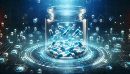 Medical A futuristic digital illustration of a floating glass jar filled with glowing blue and white capsule4