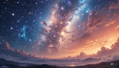 Obraz premium Starry Night Sky with Vibrant Milky Way over Serene Mountain Landscape generative AI