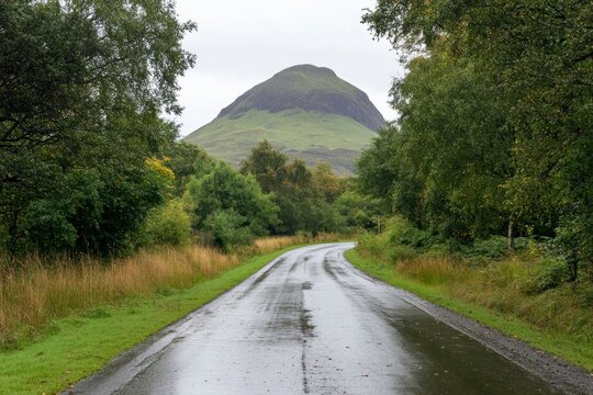 A wet road in the Scottish Highlands with trees on both sides, a mountain behind, and a green landscape. The weather is overcast, and there's some rain falling from above.