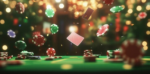 Exciting Casino Action with Flying Chips and Cards