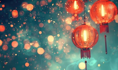 Obraz premium Red paper lanterns on the night hanging from the ceiling. Holiday and Chinese new year celebration