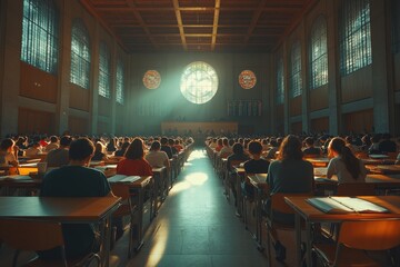 Students taking exam in grand hall, sunlit