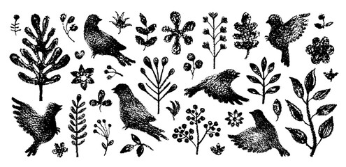Bird with flower, branch, plant. Vector tree and sparrow or nightingale silhouette. Crayon pattern with leaf flower, twig branch garden shape. Nature illustration. Flying spring bird forest chalk art