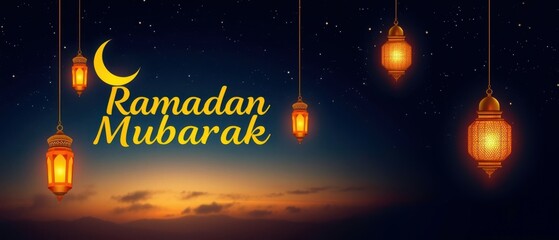 Ramadan Mubarak greetings card wishing text Ramadan Kareem, cinematic vector , stylish typography Islamic festive background Muslim occasion lanterns moon illustration