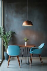 luxury interior with soft blue chairs, copper table and pendant lamp