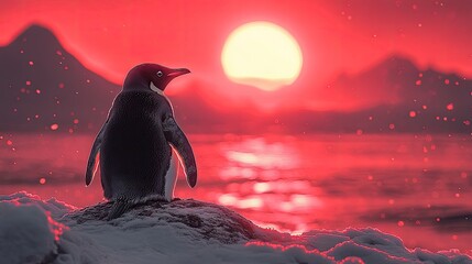 Majestic penguin standing on a snowy rock during a vibrant sunset over icy mountains