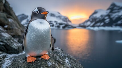 A solitary penguin stands on a rocky shore at sunset, overlooking icy waters and snow-capped mountains