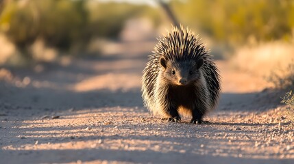 Porcupine walks down a dirt road in the desert