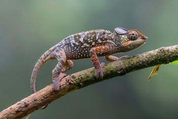 Fototapeta premium small lizard panther chameleon (Furcifer pardalis) on small branch in rainforest at natural habitat Masoala national park forest, Madagascar wildlife, Africa