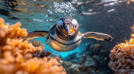 A playful penguin swims gracefully through vibrant coral reefs, bubbles rising around it