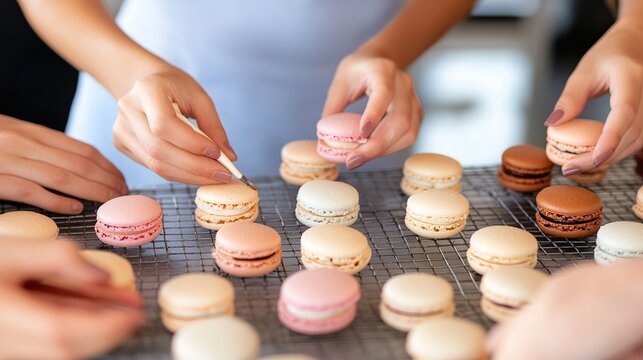 Pastry Chefs Decorating Macarons in a Kitchen