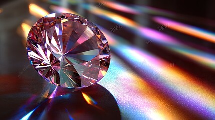 A stunning close-up of a sparkling diamond reflecting colorful light patterns on a surface