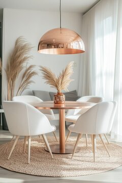 luxury interior with soft brown chairs, copper table and pendant lamp