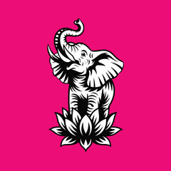 A stylized black and white illustration of an elephant with its trunk raised