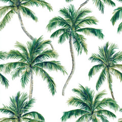 Seamless palm tree pattern in white and green on a clean white background. A fresh and tropical design, perfect for wallpapers, textiles, and summer-themed projects.