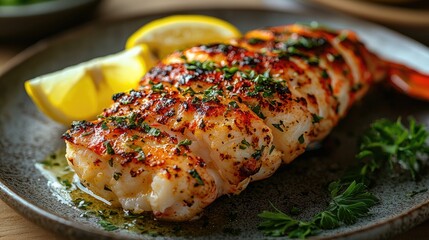 Grilled lobster tail served with lemon wedges on a rustic plate, garnished with herbs