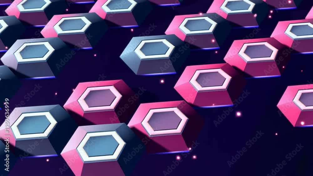 Poster A row of colorful hexagons, some pink and some blue, are arranged in a pattern. The pink hexagons are on the right side of the row, while the blue hexagons are on the left side
