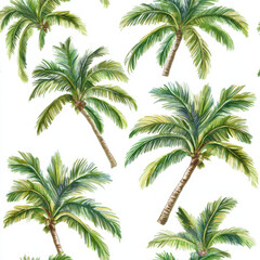 Fototapeta premium Seamless palm tree pattern in white and green on a clean white background. A fresh and tropical design, perfect for wallpapers, textiles, and summer-themed projects.
