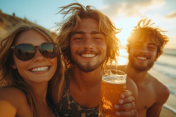 Friends enjoying a sunset beach gathering with drinks