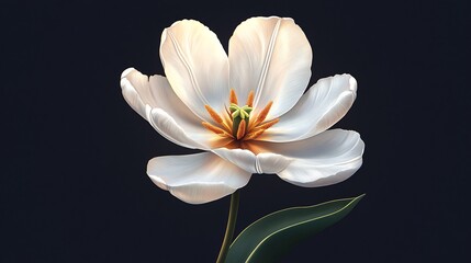 Soft light illuminates single white tulip elegantly posed against dark background. AI Generated