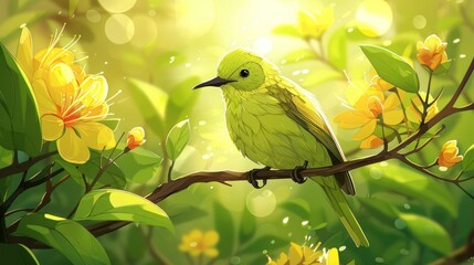 Obraz premium A vibrant green bird perched on a branch surrounded by bright yellow flowers and soft light.
