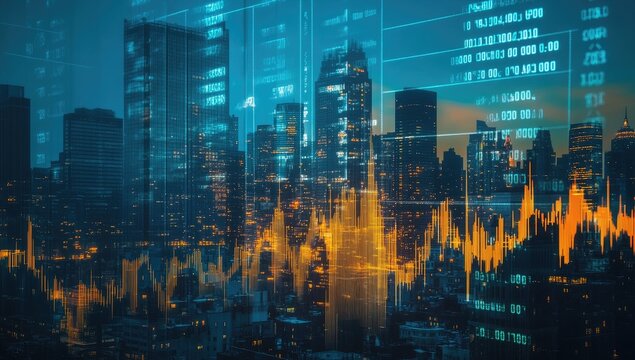 Cityscape financial data overlay night