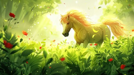 A serene golden horse in a lush, sunlit forest filled with flowers and greenery.
