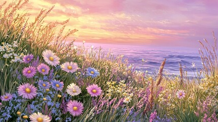 Fototapeta premium Serene Coastal Sunset with Wildflowers and Calm Ocean Waves Under a Colorful Sky