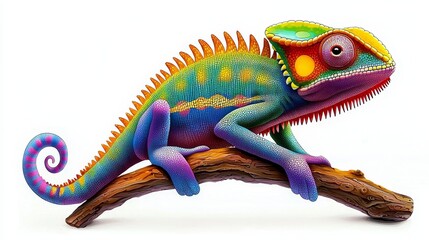 Fototapeta premium Vibrant Chameleon Sitting on a Branch with Textured Skin on White Background