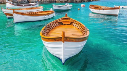 Obraz premium Mediterranean, harbor, tradition, A picturesque scene featuring wooden boats floating in crystal-clear turquoise waters, surrounded by rocky shorelines under a bright sky.