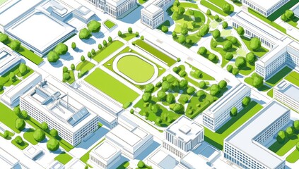 Cityscape park aerial view with buildings and green spaces