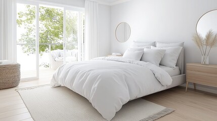 Fototapeta premium Bright bedroom, minimalist design, balcony view, calm morning