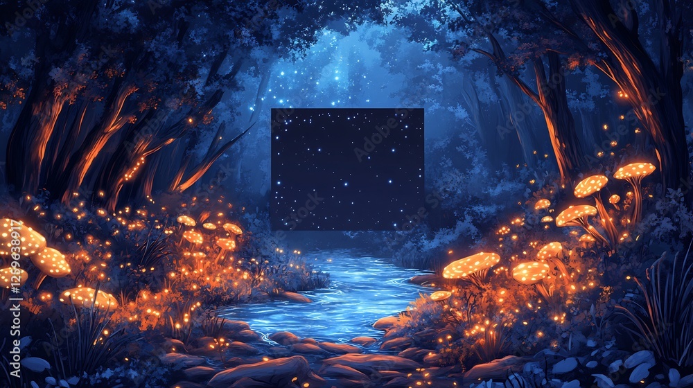 Wall mural Magical glowing forest path gently illuminated by soft blue light. AI Generated