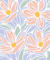 Vibrant abstract illustration of pink flowers with large, flowing petals and bright yellow centers on a clean white background. A bold and modern floral design, perfect for prints, textiles, and decor