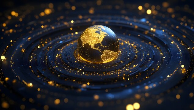 Earth, illuminated, concentric circles, glowing particles. Background, abstract design.  Possible use Global communication